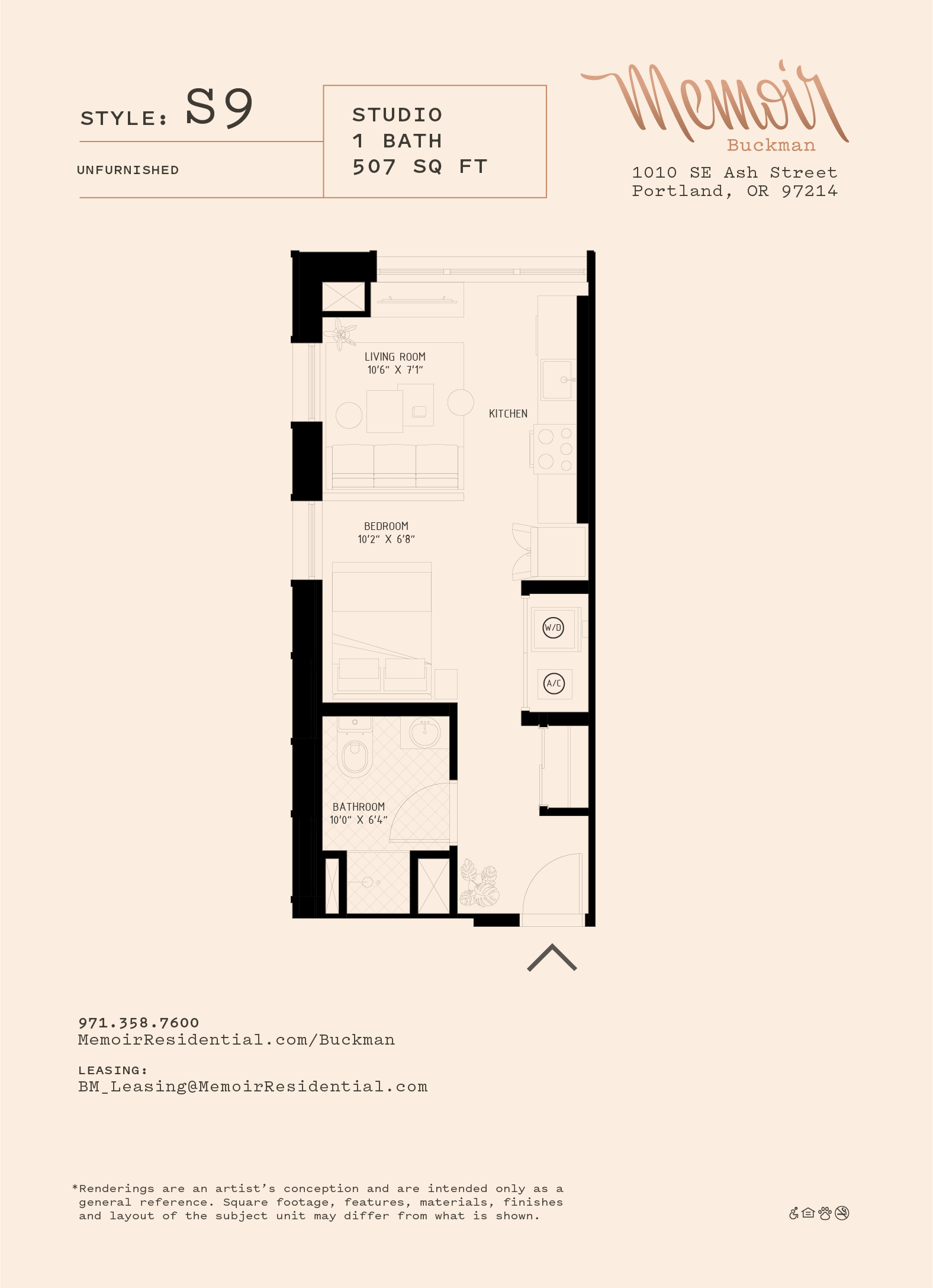 Floor plan for studio, 1 bath, 482 sqft